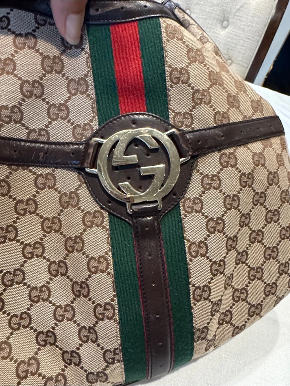 Authentic Gucci Beige GG Canvas Hobo with Red and Green Web Stripe